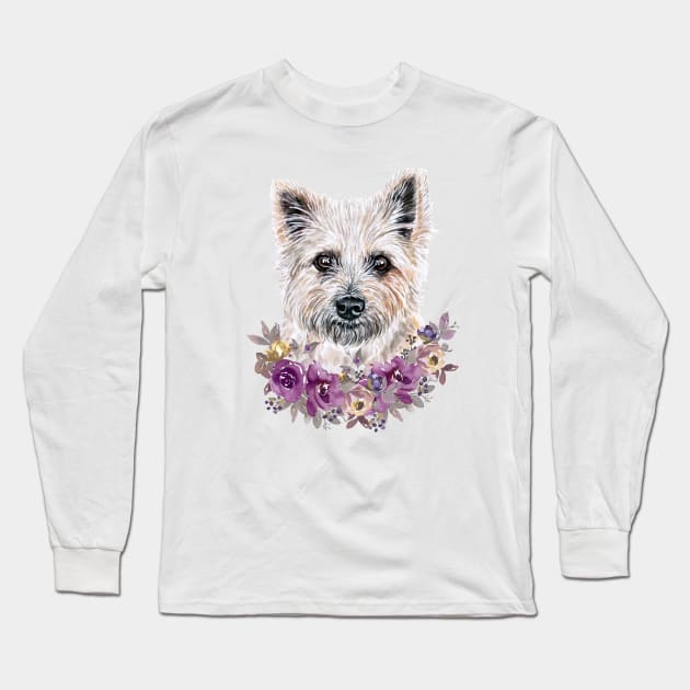 Cute Cairn Terrier With Flowers Illustration Art Long Sleeve T-Shirt by AdrianaHolmesArt